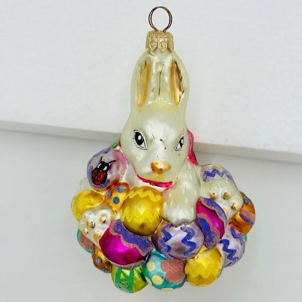Vintage Christopher Radko Glass Ornament Hoppy Easter Bunny on Colorful Eggs 6x5